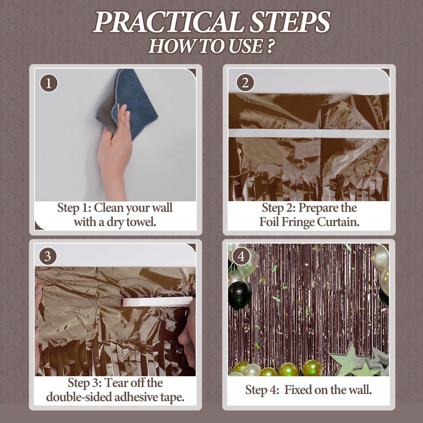 3 Pack Foil Fringe Backdrop - Brown Shiny Tinsel Curtains for Party Decoration/Photo Booth Props - 3.3x8.2 FT Metallic Foil Backdrop for Birthday, Wedding, Graduation, Christmas.