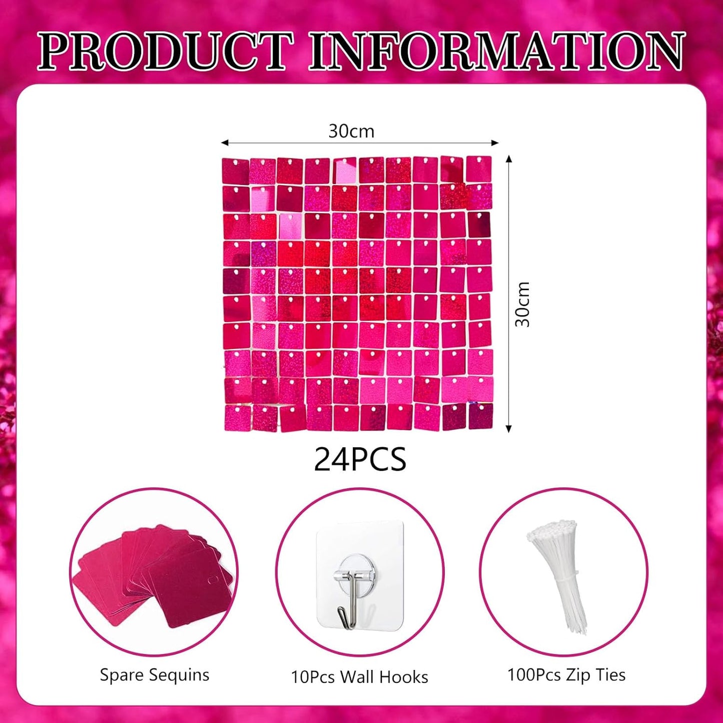 24PCS Fuchsia Shimmer Wall Backdrop, Laser Square Sequin Photo Backdrops Panel, Glitter Wall Background for Birthdays, Weddings, Christmas, Engagements, Disco Bachelorette Party Decoration (4FTx6FT)