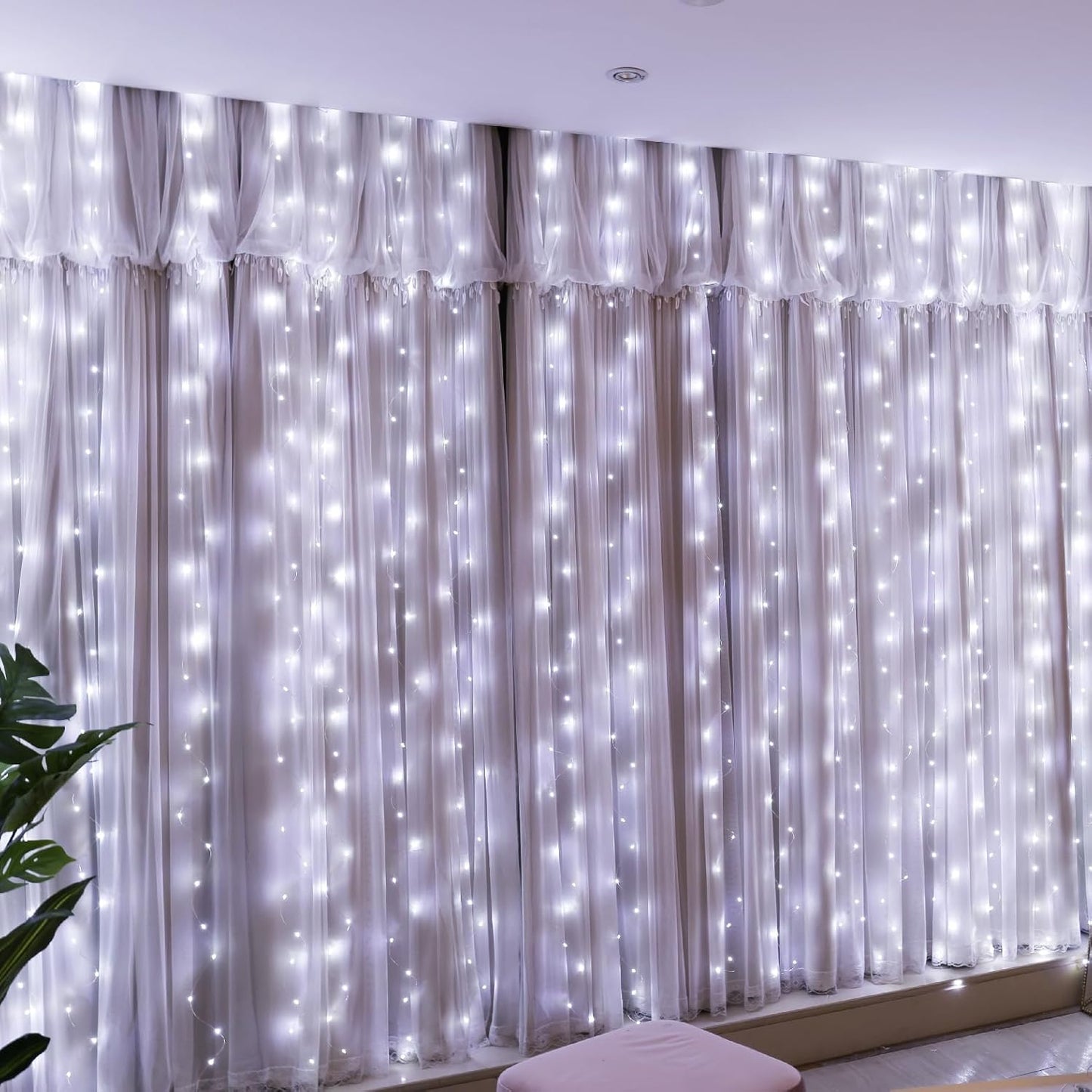 HXWEIYE 300LED Fairy Curtain Lights, 9.8x9.8Ft USB Plug-in 8 Modes Christmas String Hanging Lights with Remote for Bedroom Backdrop Wedding Party Indoor Wall Decor, White