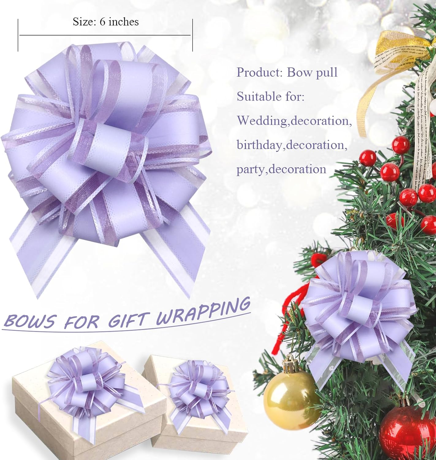 Large Pull Bows, 6 inches, Pull Bows for Weddings, Birthdays, Christmas & Valentine's Day Gift Decorations, Flower Decorations (Purple)