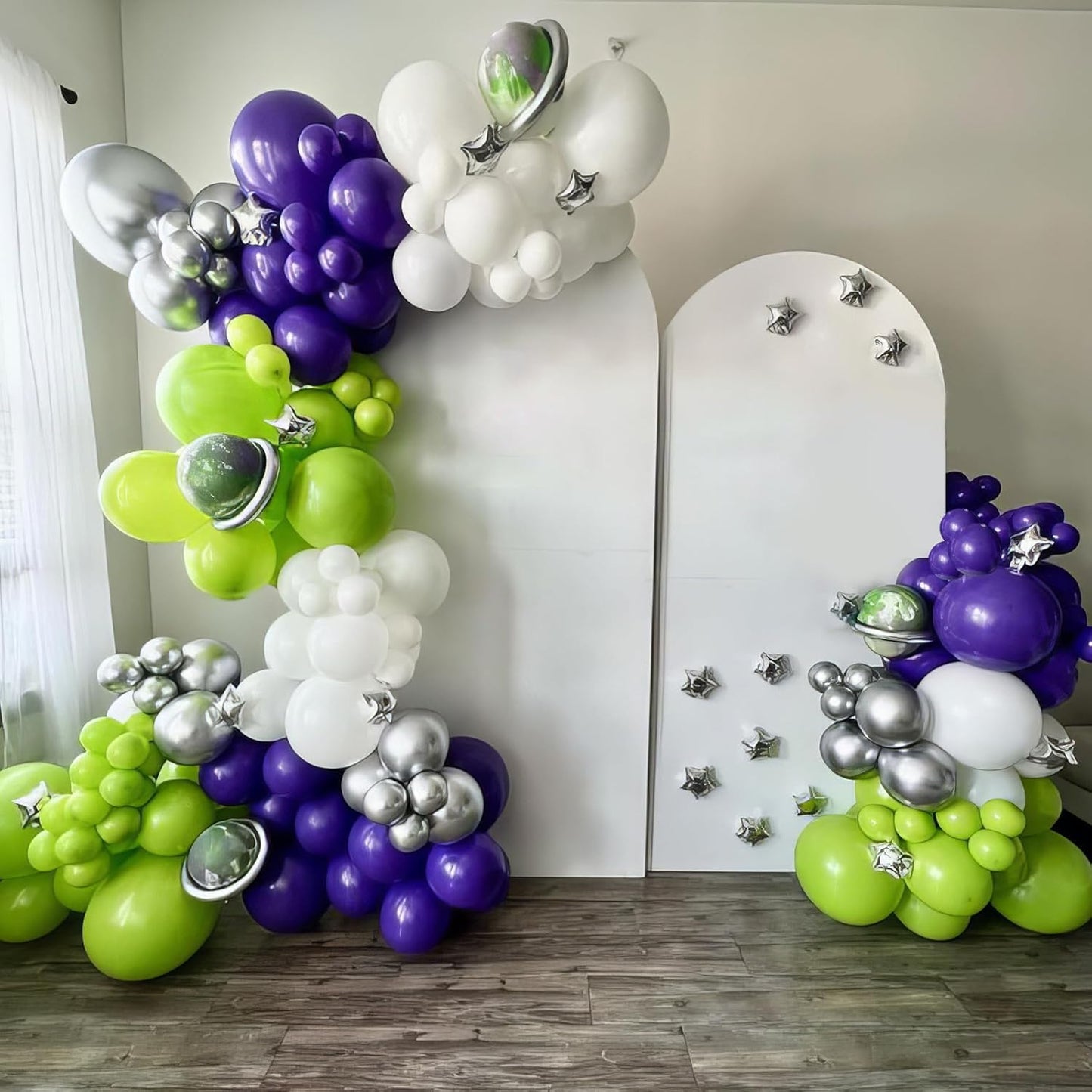 Green Purple White Balloons, 50pcs Green Purple Silver Balloons, Silver White Purple Balloon for Birthday Boys Baby Shower Toy Theme Party Wedding Graduation Bachelorette Anniversary Decorations