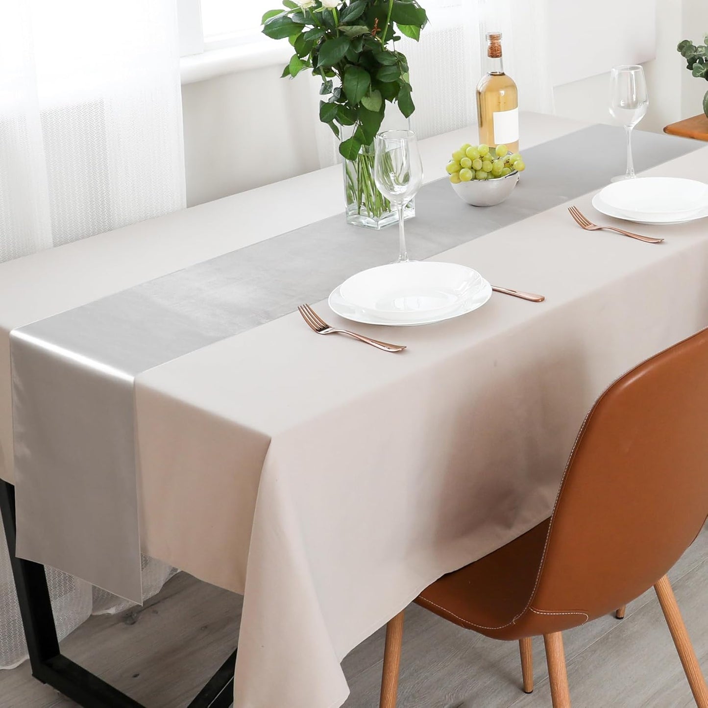 Aneco 12 Pack Satin Table Runner 12 x 108 Inch Light Silver Long Wedding Satin Silk Table Runner for Wedding Banquet Graduations Birthday Party Decoration