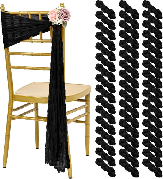 50 PCS Cheesecloth Chair Sashes, Bows Designed ChairSashes, 15.7x108 inch Chair Sashes for Aisle Decorations Universal Chairs Cover Decoration for Wedding Reception Party Banquet (Black)