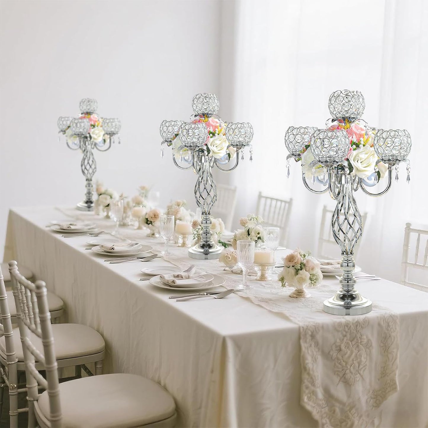 5-Arm Crystal Candelabra Centerpiece 23.2" Tall - Elegant Candle Holder Stand with Crystal Bowl, Chic Table Decor for Weddings, Parties, Anniversary & Home Decoration (2, Silver)