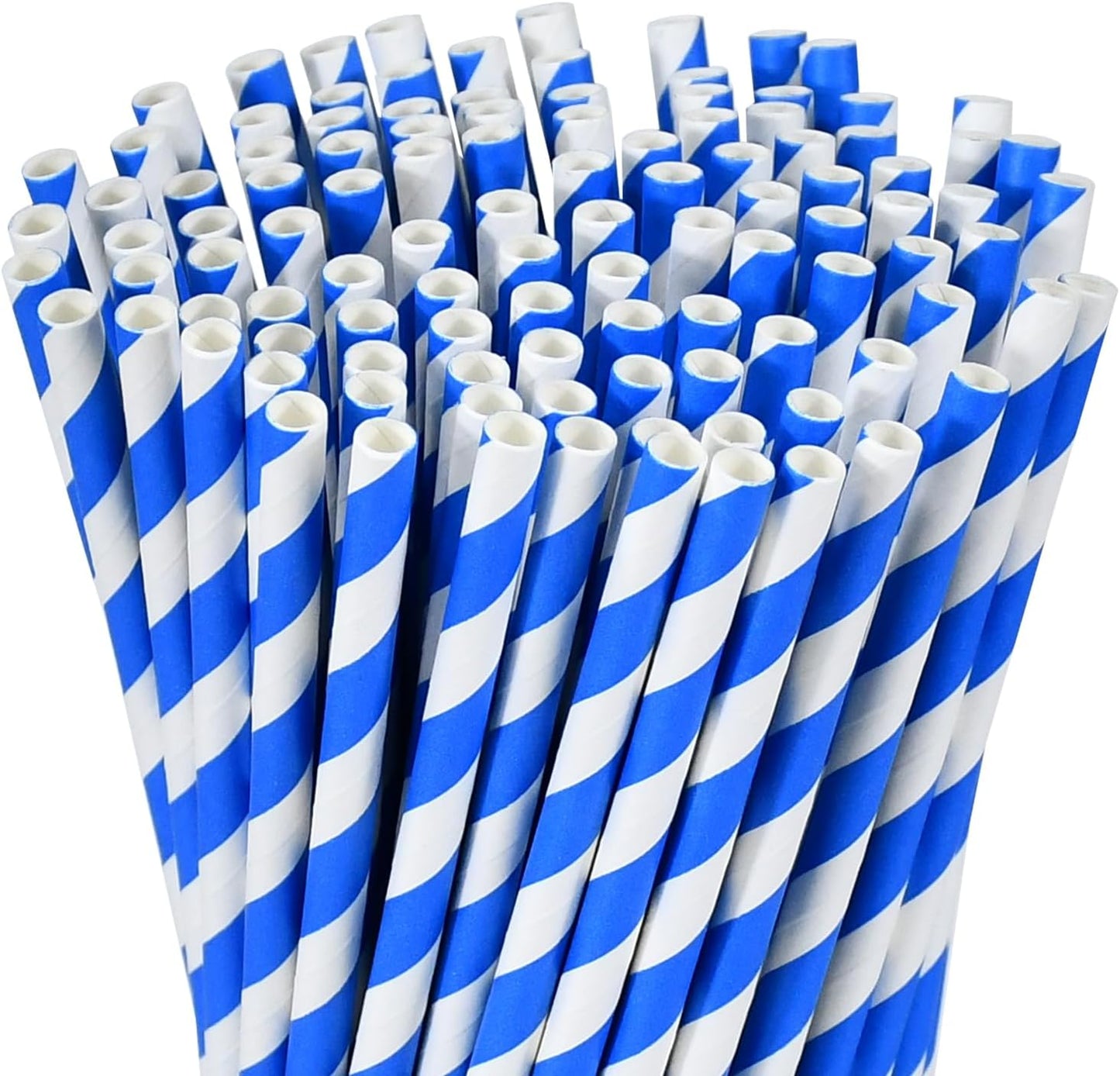 Blue Stripes Disposable Paper Party Straws for Drinking 7.75 inch 100 Counts, Compostable - for Cocktail, Coffee, Juice