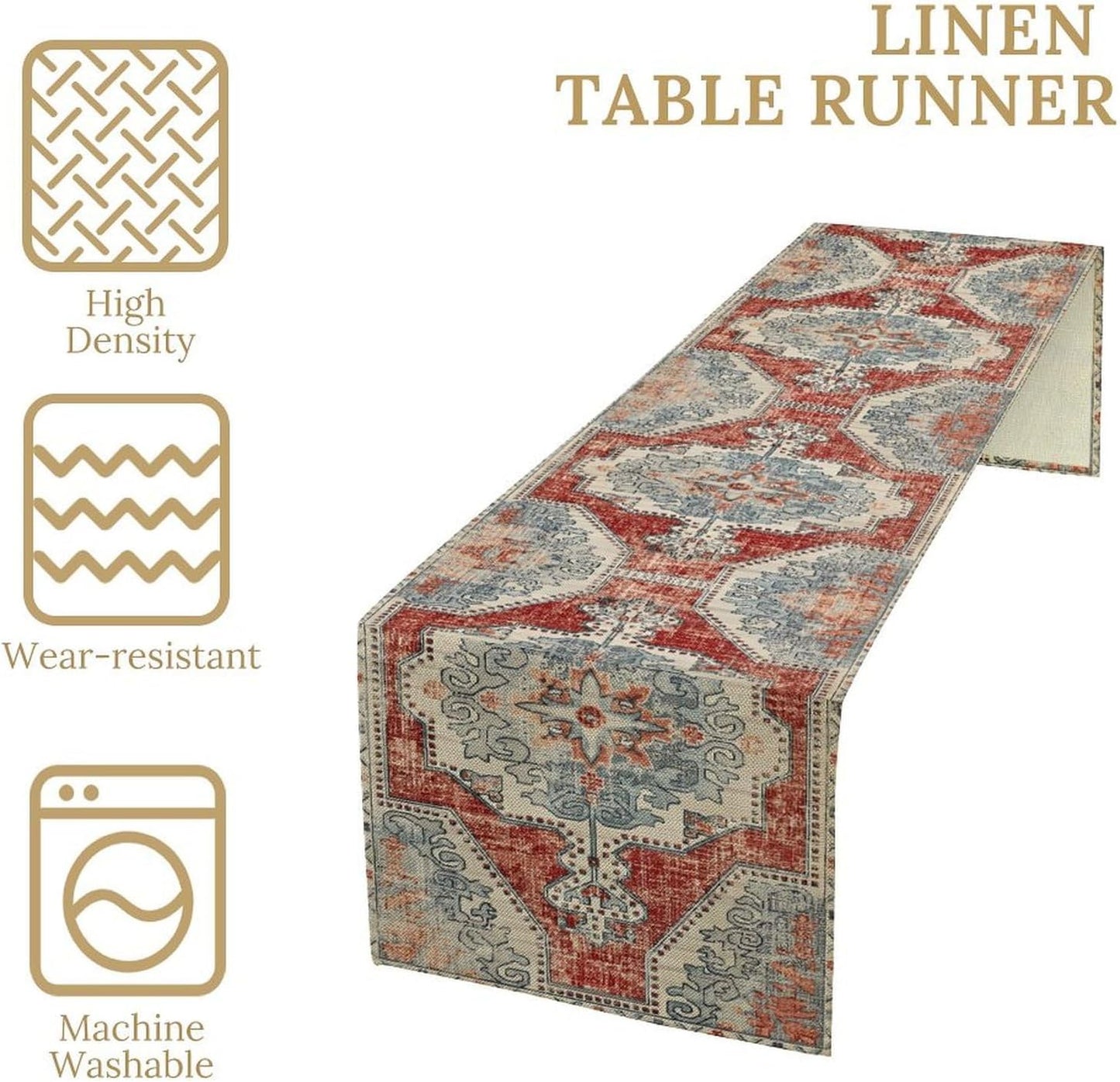 Boho Floral Vintage Table Runner, Retro Blue Red Flower Rustic Country Farmhouse Abstract Pattern for Home Kitchen Table Decor Dining Coffee Room Party Decor 13x36in
