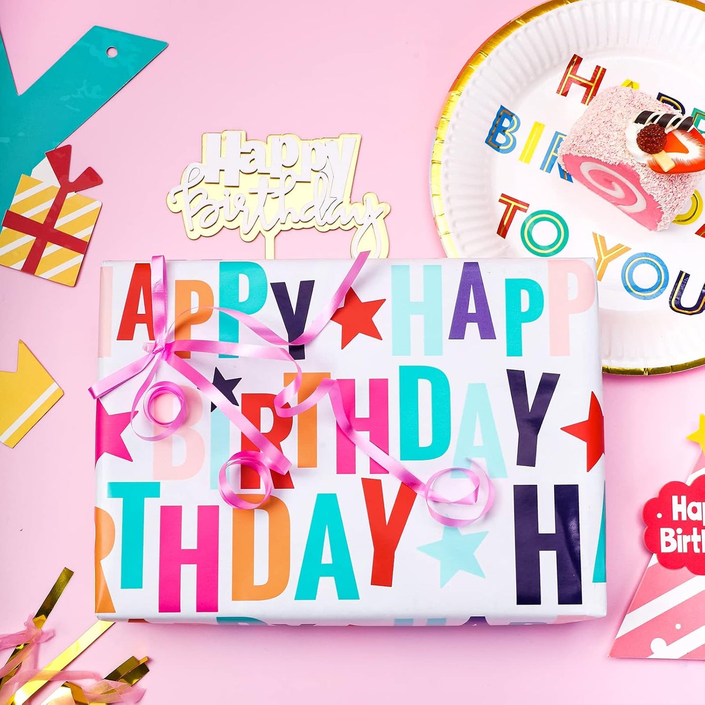 LeZakaa Reversible Stars Birthday Wrapping Paper Roll, Happy Birthday Lettering & Colorful Star, for Boys Girls, Mini Roll, 17 inches x 32.8 Feet (46.45 sq.ft.)