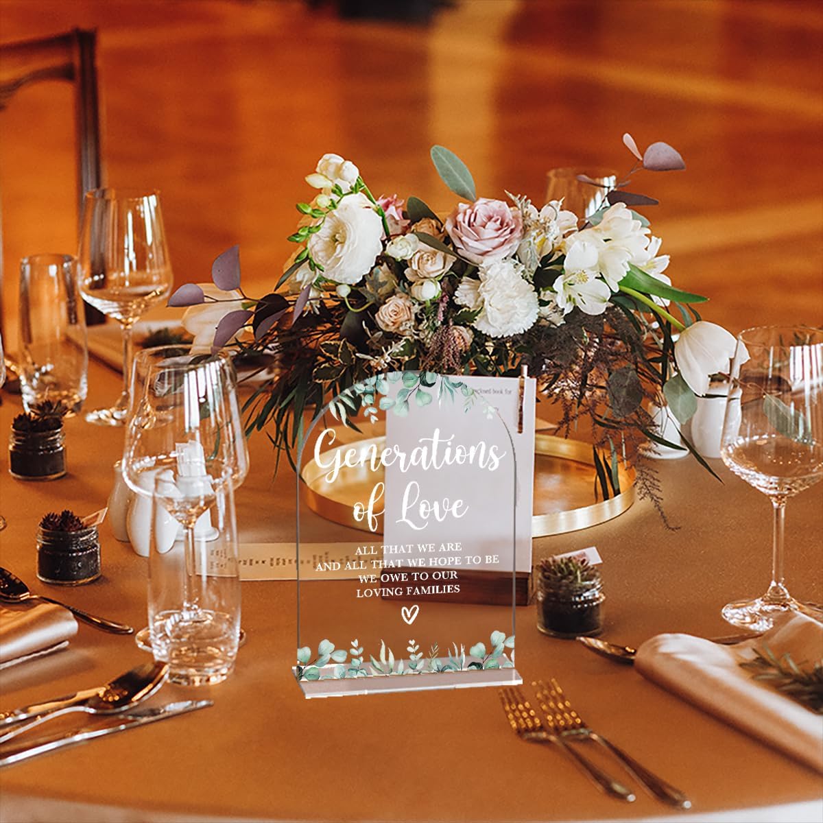 Acrylic Wedding Sign Generations of Love Signs for Ceremony Modern Calligraphy Arch Acrylic Table Top Signs for Wedding Reception and Event Party Table Decor (Eucalyptus Leaves)