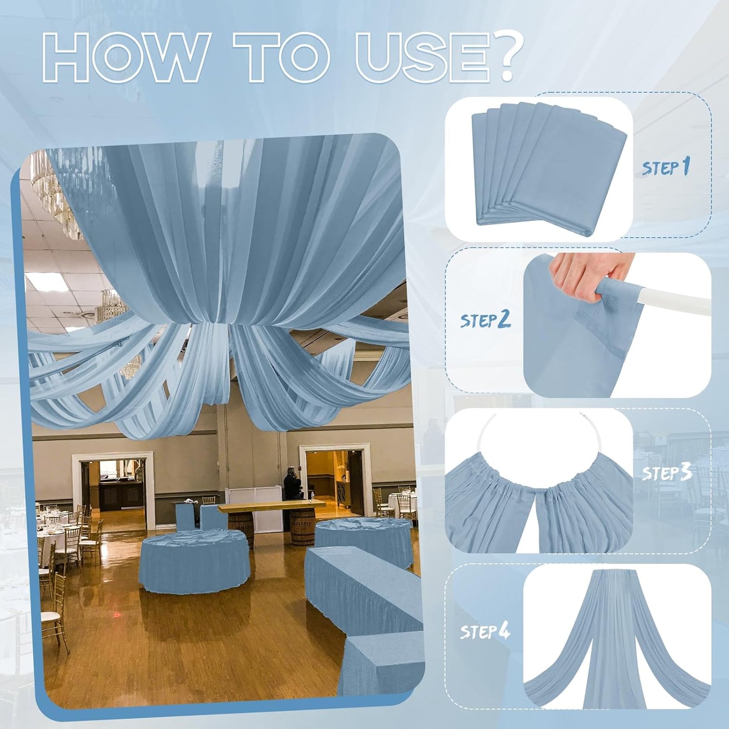 6 Panels Dusty Blue Ceiling Drapes for Wedding 5ftx20ft Ceiling Drapes Wedding Arch Draping Fabric Cheesecloth Sheer Curtain Romantic Ceiling Decorations for Weddings Party Banquet Ceremony Stage