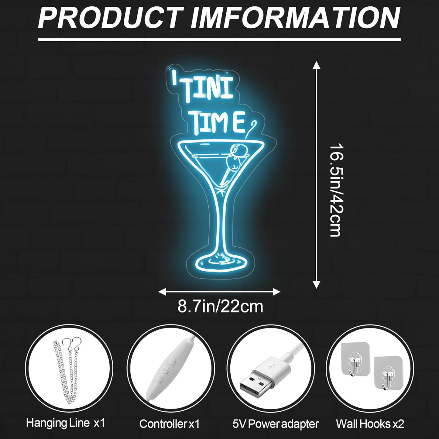 Tini Time LED Neon Sign, Martini Neon Sign for Bars, Elegant Cocktail Glass Neon, Martini Cocktail Bar Wall Decor, Bar Wall Art, Pub neon, 16.5"x8.7", Ice Blue