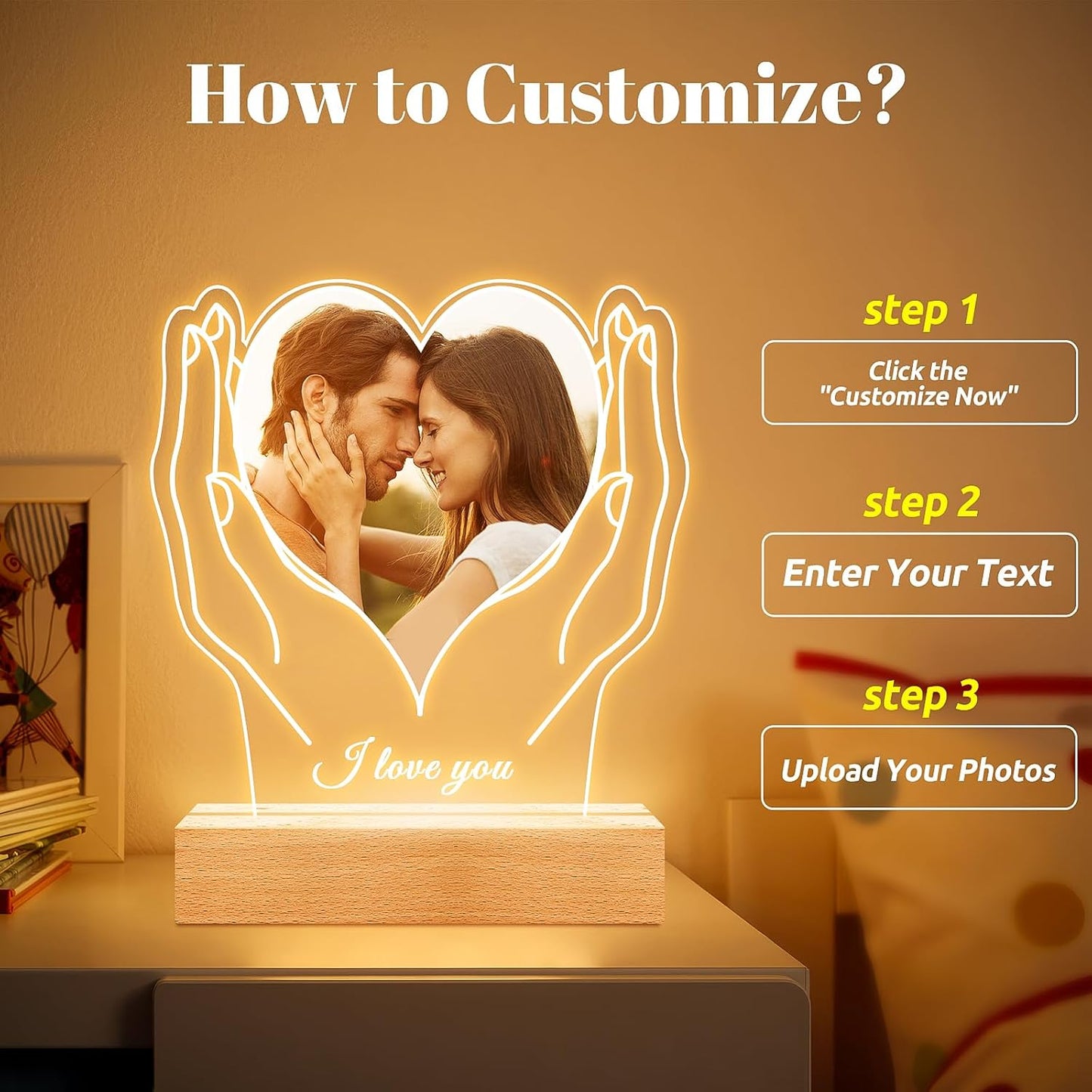 Personalized Picture Frame with Photo, Customized Photo Frame with Night Light, Custom Picture Frames, Personalized Anniversary Birthday Gifts for Women Men Her Him Girlfriend Boyfriend Couples