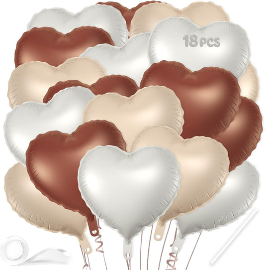 18 Pcs Heart Balloons, 18 Inch Brown Beige White Sand Heart Shaped Foil Balloons for Wedding Anniversary Birthday Party Valentine Decorations Baby Shower Bridal Shower Engagement Decorations Supplies