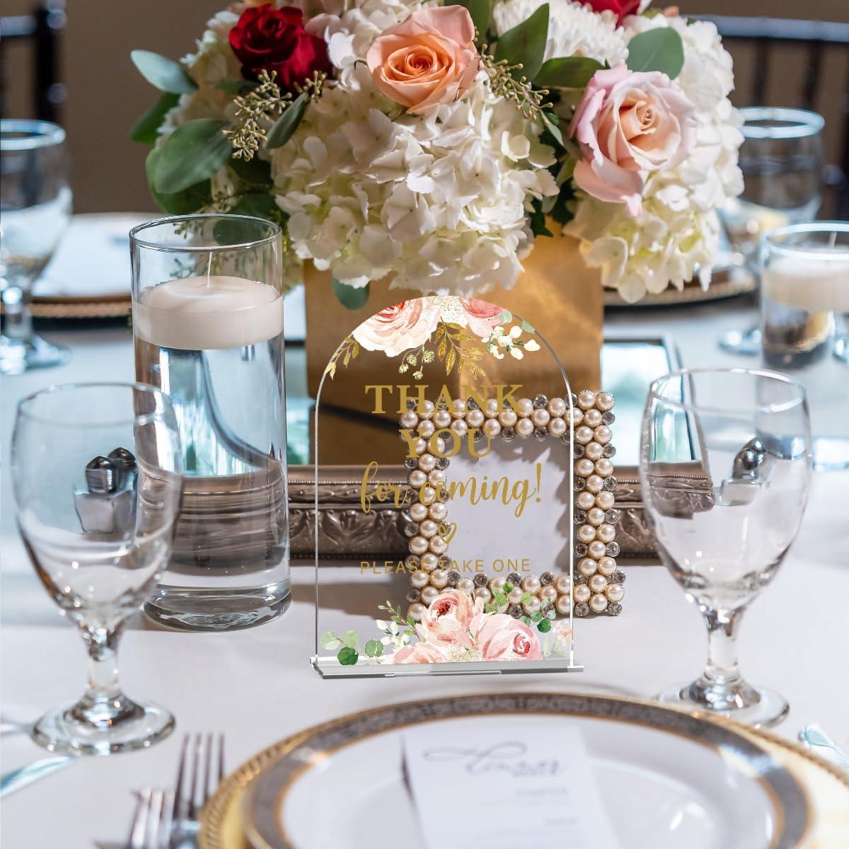 Acrylic Wedding Signs, Bridal Shower Decorations, Modern Calligraphy Arch Acrylic Table Top Sign for Wedding Reception and Engagement Parties - Thank You for Coming (Clear Pink Flowers)