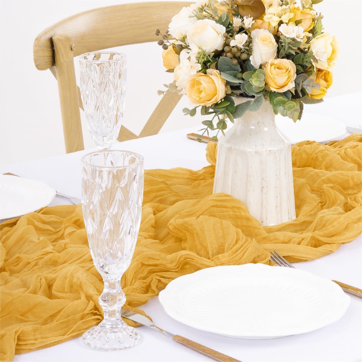 MLMW 6 Pack Fall Thanksgiving Table Runner Gold Cheesecloth Table Runner Halloween Boho Gauze Rustic Cheese Cloth 160 inch 13.3ft for Wedding Party Baby Shower Bridal Shower Holiday Decorations