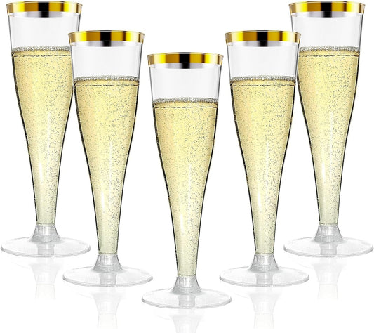 200 Pack Champagne Flutes Plastic Wine Glasses Disposable, 4.5 Oz Gold Rim Mimosa Glasses for 2025 Engagement Wedding Birthday New Years Eve Xmas Party Supplies, Bulk Toasting Cocktail Cups