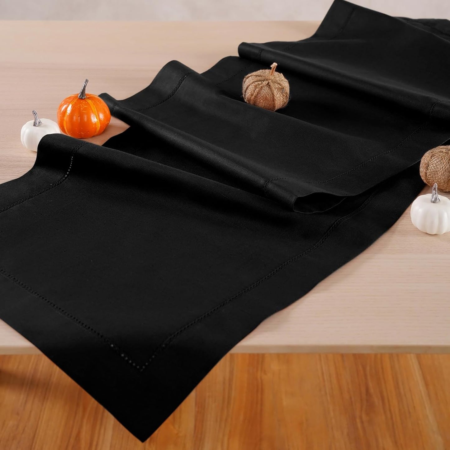 Black Table Runner 48 Inch – Cotton Linen Hemstitch Farmhouse Table Runner 14x48 – Washable Fabric for Fall, Halloween, Thanksgiving, Everyday Dining & Décor – Serena
