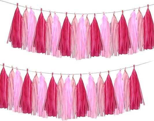 Pink Party Decorations,Hot Pink Light Pink and Pink Paper Tissue Tassel Garland Banner,15 Pcs
