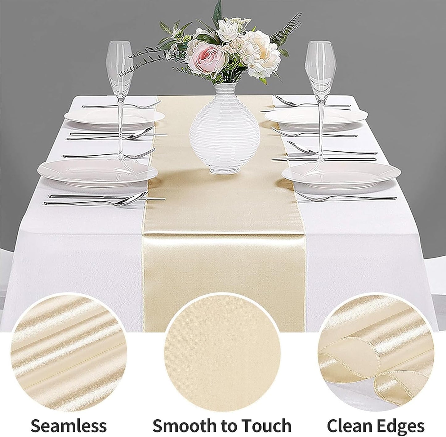 15-Pack Satin Table Runner Champagne 12 x 108 inches Long, Table Runners for Wedding, Birthday Parties, Banquets Decorations（15 Pack, 12x108 Inch, Champagne