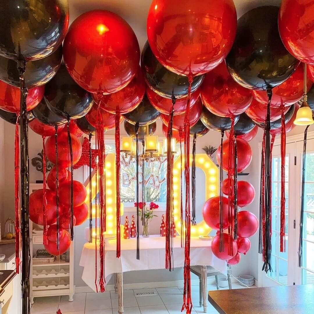 LHOAVWE 6 Pack 22 Inch 4D Red Balloons: 6 Pcs Round Foil Balloons (Uninflated) + Straw + 32 Foot Ribbon Roll - Red, Perfect for Birthday Parties