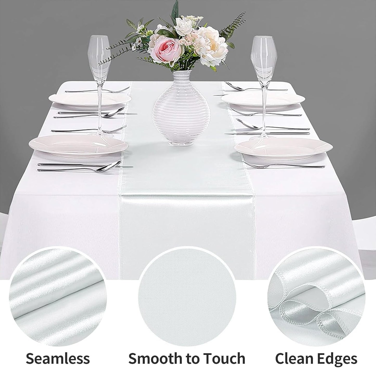 10-Pack Satin Table Runner Silver 12 x 108 inches Long, Table Runners for Wedding, Birthday Parties, Banquets Decorations（10 Pack, 12x108 Inch, Silver）