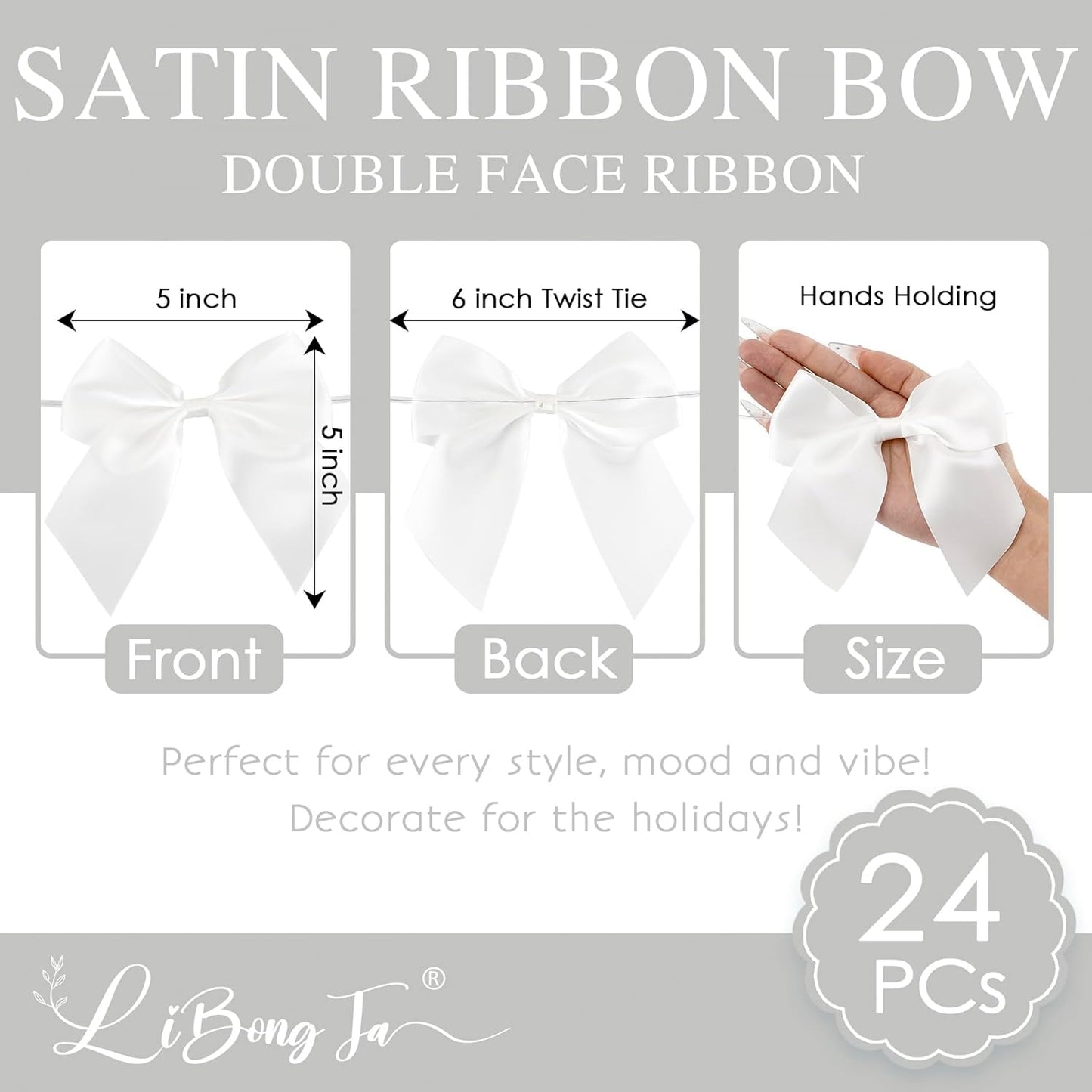 5'' White Bow Party Decorations Satin Bows, Twist Tie Bows for Treat Bags, Cake Pops, Pre-Tied Bow Premade Ribbon Bows for Crafts, Holiday Bows for Gift Wrapping, Wedding Decor-24 Counts