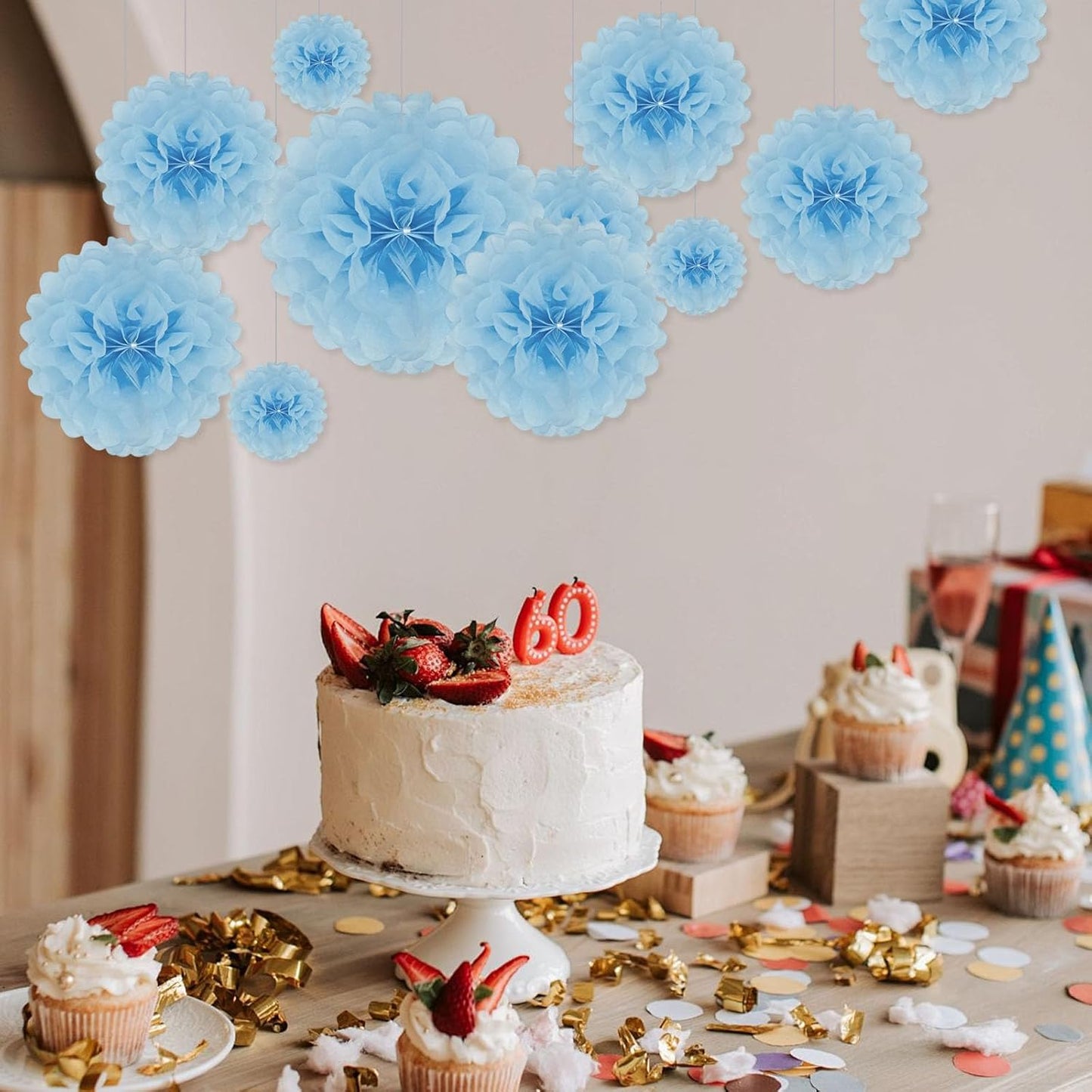 Tissue Paper Pom Poms, Baby Blue Tissue Paper Flowers, Hanging Flower Balls for Weddings Fiesta Parties Birthday Baby Showers Classroom Bridal Shower Decoration (20Piece Set-6/10/12/14Inch)