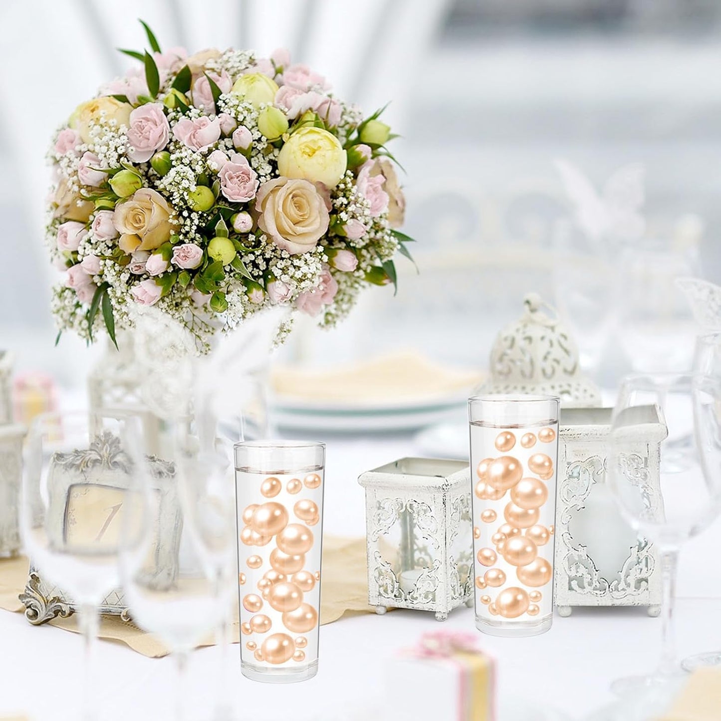 100PCS Champagne Faux Pearls Beads for Centerpiece Vases, Vase Filler Faux Pearls, No Holes Filler Beads for Party Anniversary Birthday Wedding Table Decor, 14/20/30mm