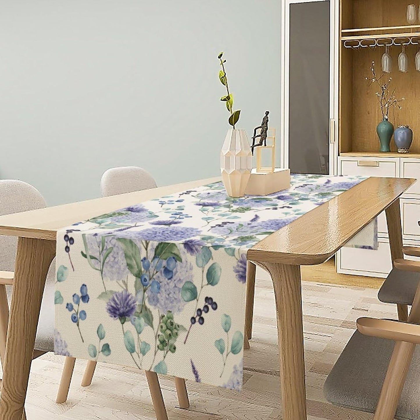 Spring Hydrangea Flower Table Runner, Seasonal Summer Plants Watercolor Eucalyptus Leaves Purple Florals Dinner Runner for Home Kitchen Dining Table Party Holiday Decoration 13"x36"
