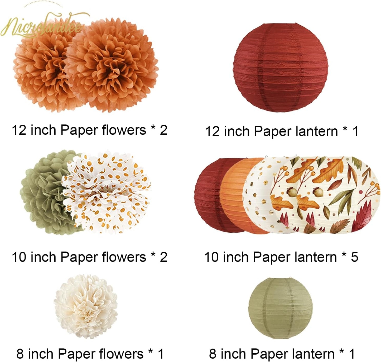 NICROLANDEE Fall Wedding Decorations, 12 PCS Orange Maple Leaf Paper Lanterns Tissue Pom Poms for Thanksgiving Day Backdrop Decoration, Fall Baby Bridal Shower, Birthday, Autumn Harvest Party Decor