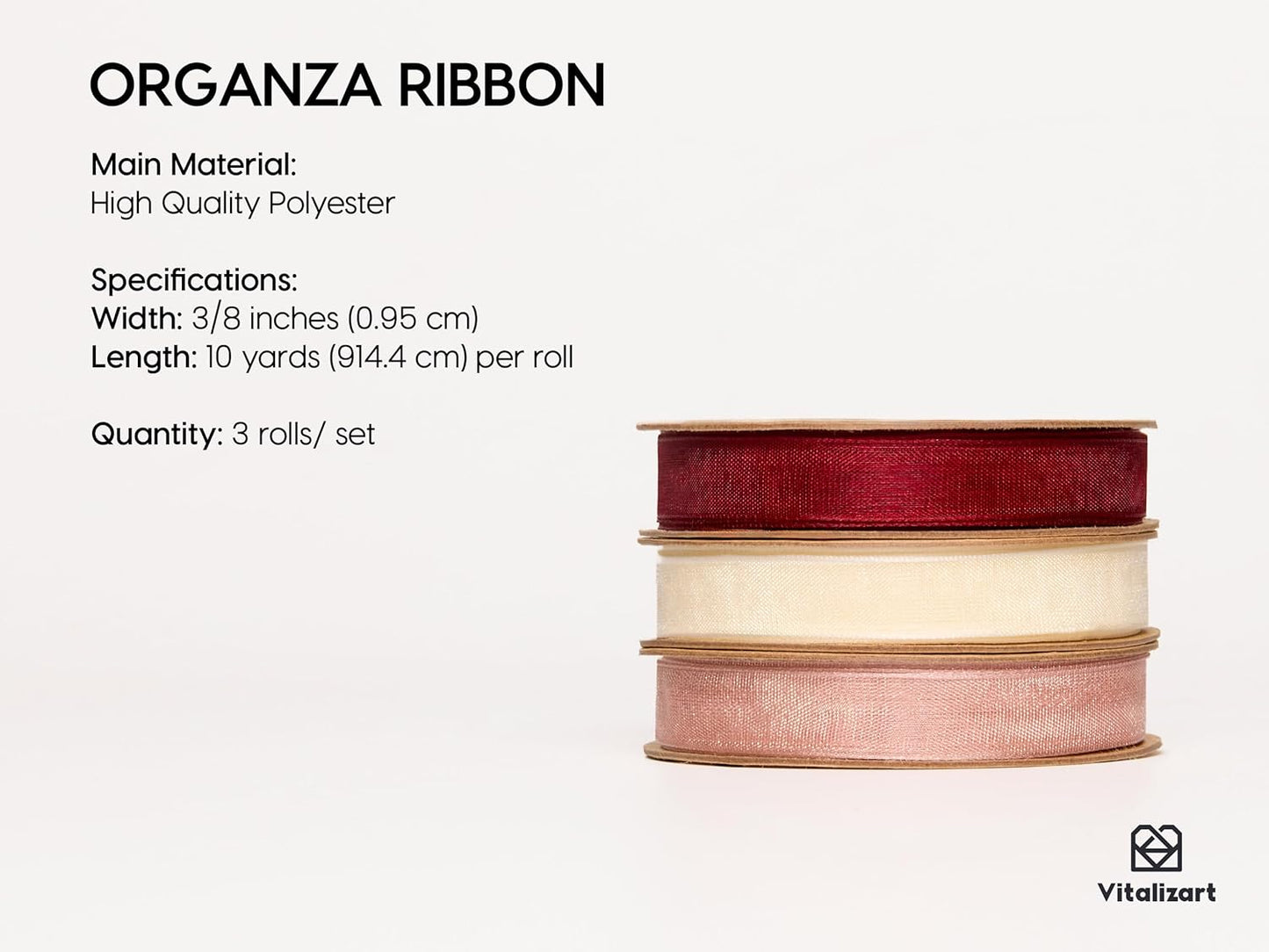 Vitalizart 3/8" x 30Yd Organza Ribbon Red Pink White Sheer Ribbons Set 10 Yd x 3 Rolls Handmade Eco-Friendly for Gift Wrapping Christmas Tree Crafts Bows Wedding Invitations Wreaths