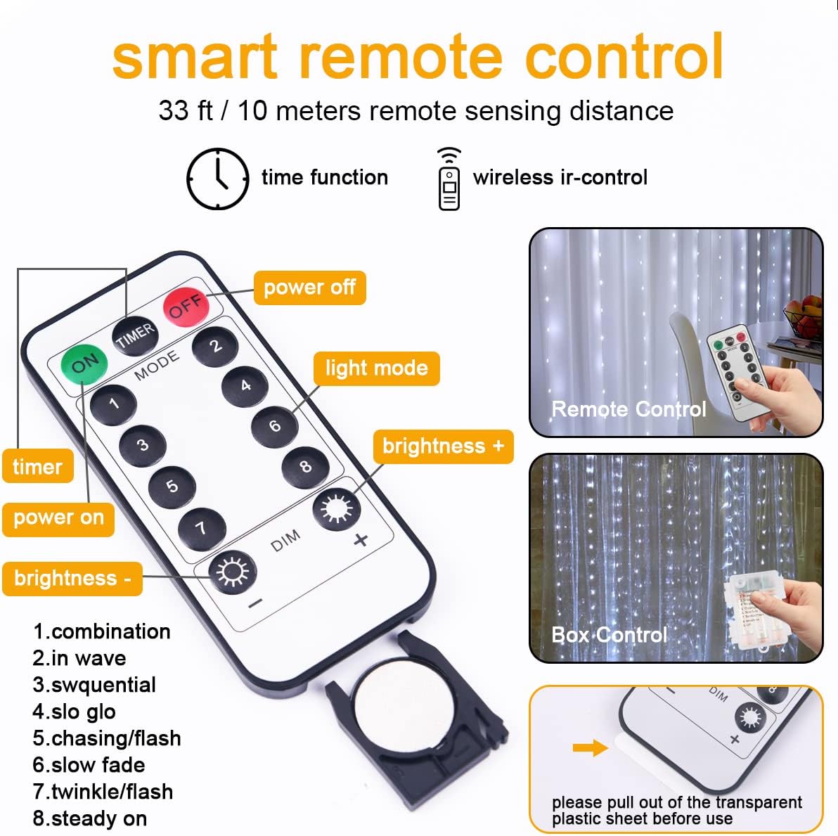 AOMIG Fairy Curtain Lights,300 LED White Window Curtain String Light,8 Modes 9.8×9.8Ft Waterproof Curtain String Light USB&Battery Powered with Remote Contro,String Lights for Indoor,Outdoor