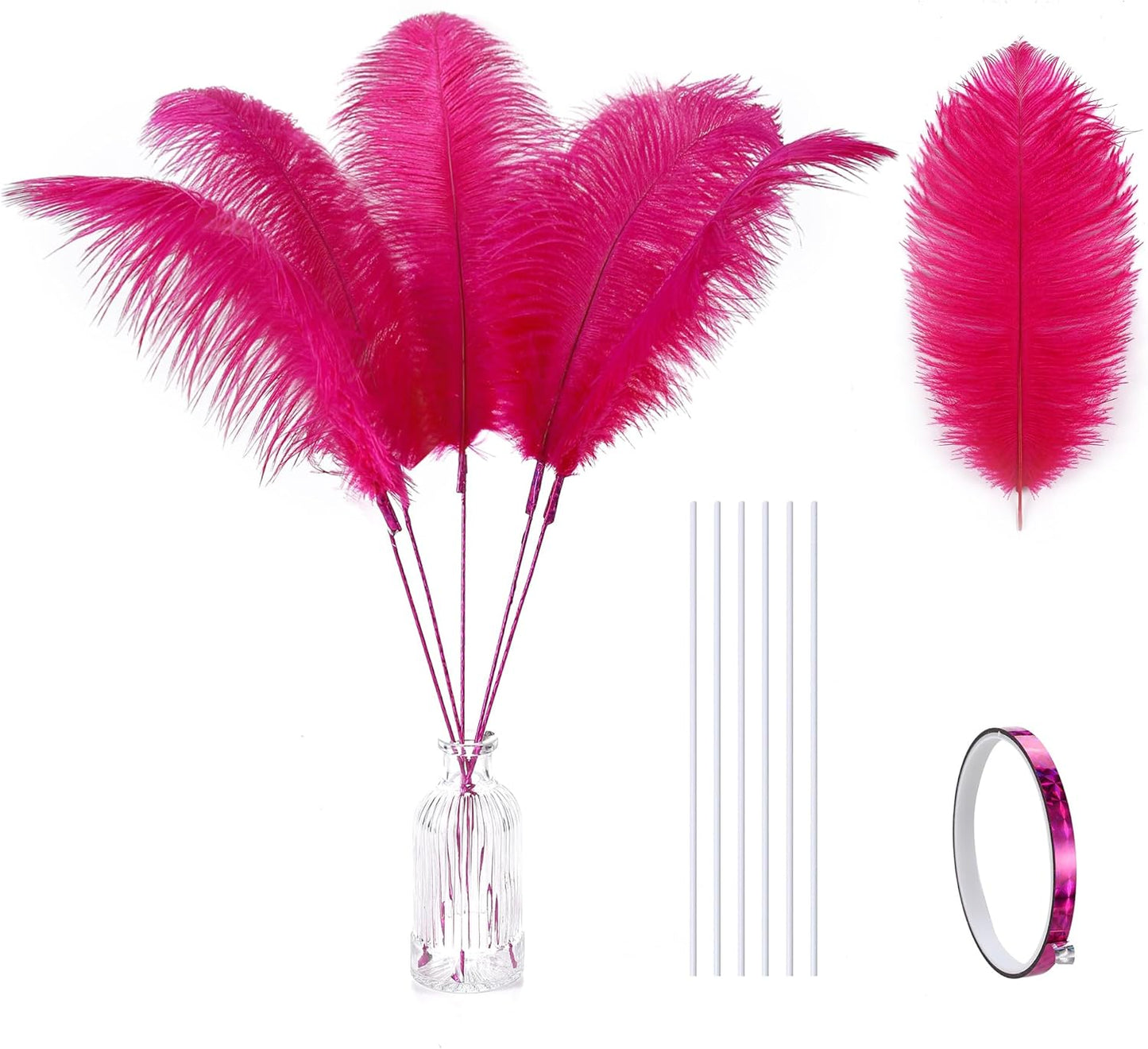 Holmgren Hot Pink Ostrich Feathers - 20pcs Making Kit 22 Inch Ostrich Feathers Bulk for Vase, Floral Arrangement, Home Wedding Party Centerpieces and Easter Gatsbi Decorations