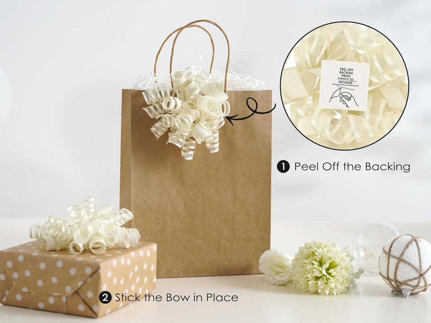 HUIHUANG Gift Wrapping Bows Gift Wrap Accessory Ivory Curly Ribbon Bow 5 inch x 8 Counts Stick On Bows for Presents, Paper Bag, Party Favors, Bridal Shower Wedding Decoration
