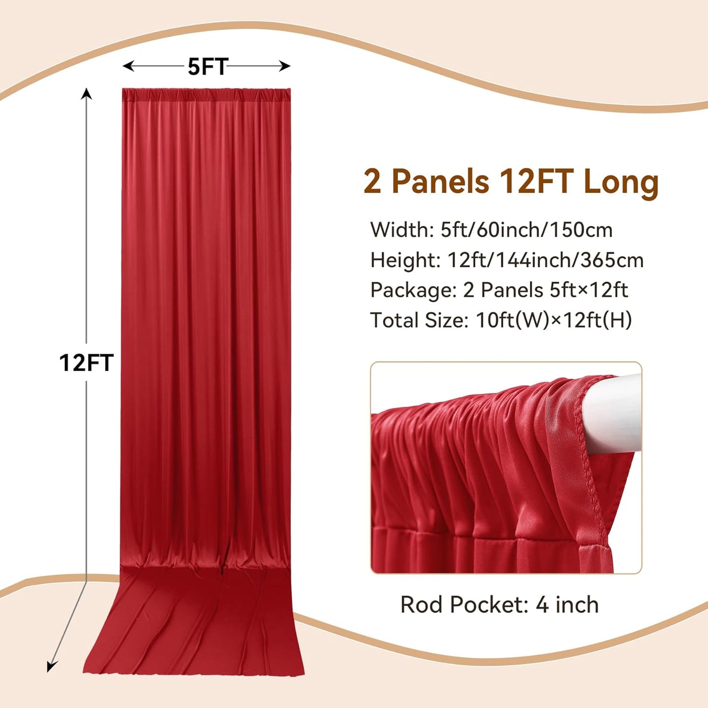 10×12ft Wrinkle Free Red Backdrop Curtain for Wedding Parties,2 Panels 5×12ft Long Soft Silky Polyester Backdrop Drapes Red Photo Back Drop Curtains for Photography Stage Christmas Background Cloth