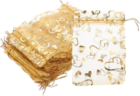 PATIKIL 100 Pcs 4x6 Inch Heart Printed Organza Bags, Gold Sheer Heart Organza Bags with Drawstring for Christmas Candy Jewelry Party Wedding Favor Gift