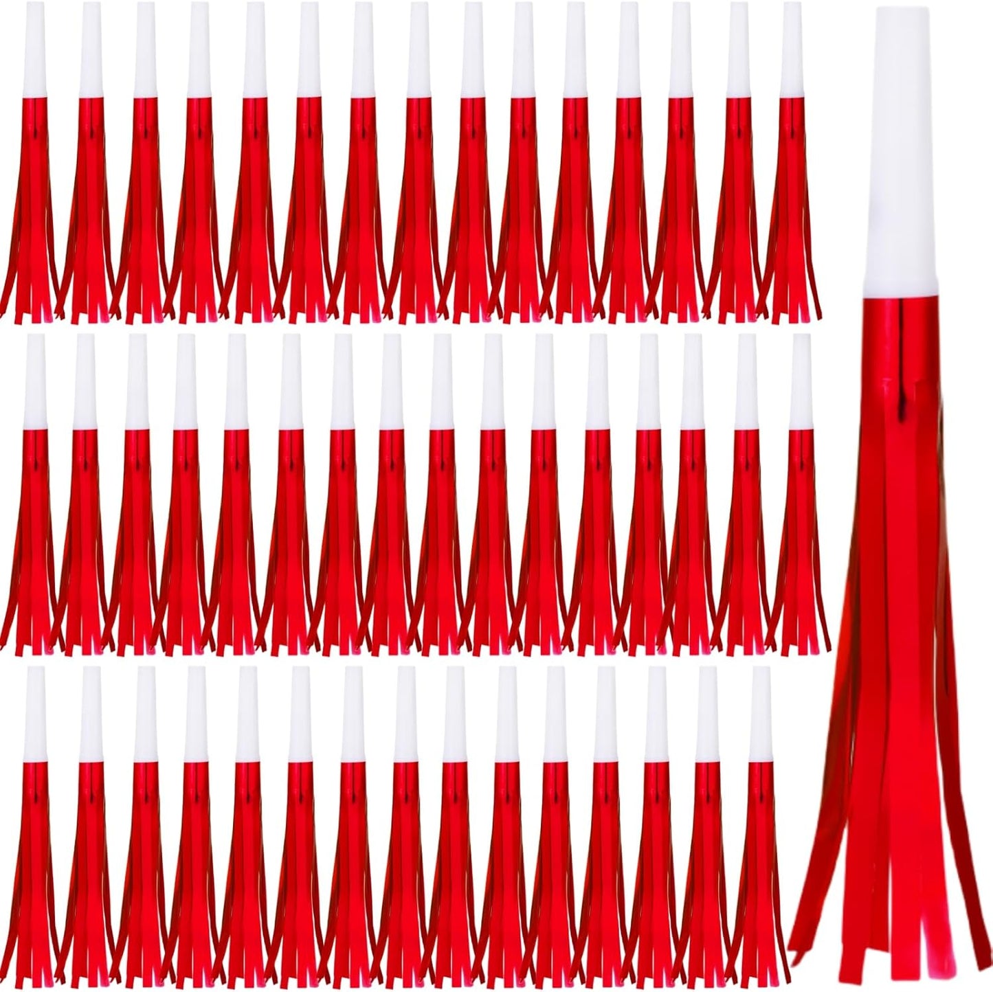 48 Pcs Noise Makers Glitter Metallic Fringed Noise Makers Horns for Baby Shower, Kids Birthday, New Year Party Favor - White Red
