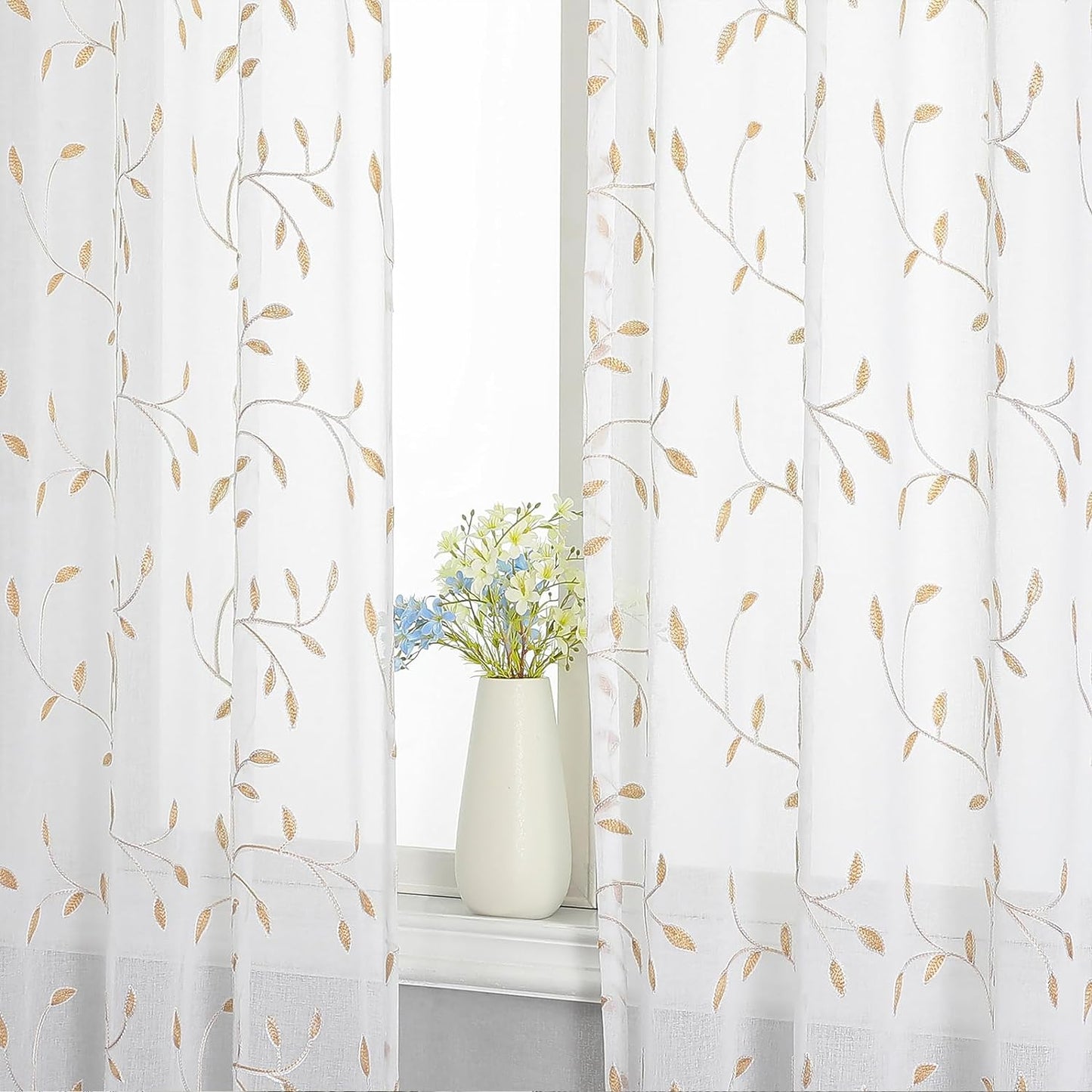 VISIONTEX White Sheer Voile Curtains, Decorative Orange Leaves Embroidery Faux Linen Rod Pocket Window Drapes for Home Kitchen, Living Room and Bedroom 54 x 84 Inch, Set of 2 Curtain Panels