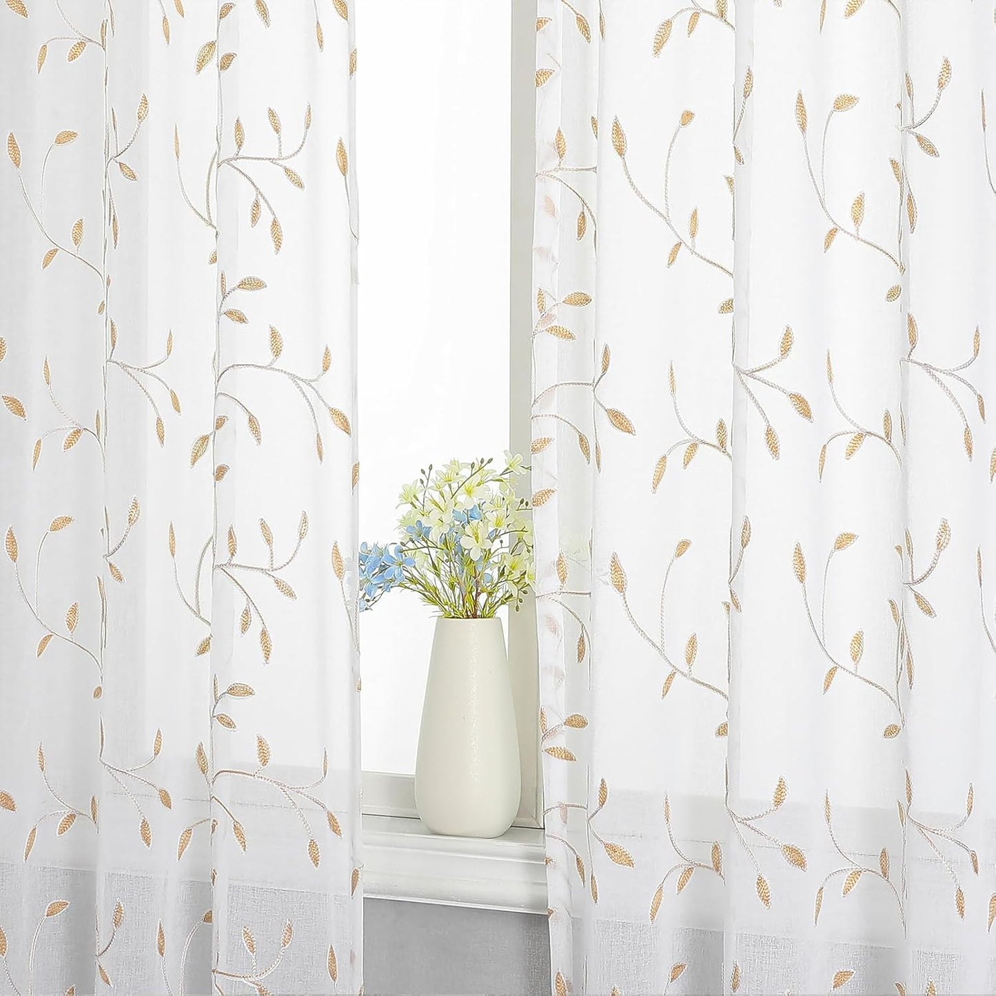 VISIONTEX White Sheer Voile Curtains, Decorative Orange Leaves Embroidery Faux Linen Rod Pocket Window Drapes for Home Kitchen, Living Room and Bedroom 54 x 95 Inch, Set of 2 Curtain Panels