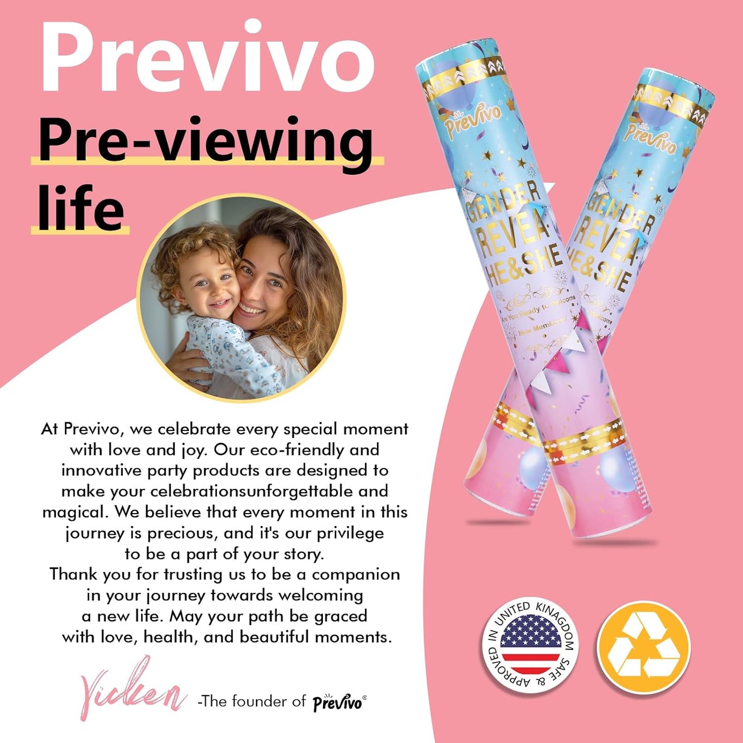 Previvo Gender Reveal Confetti Powder Cannon - 2 Pack Pink Baby Gender Reveal Poppers - 100% Biodegradable Powder Smoke - Ideas Party