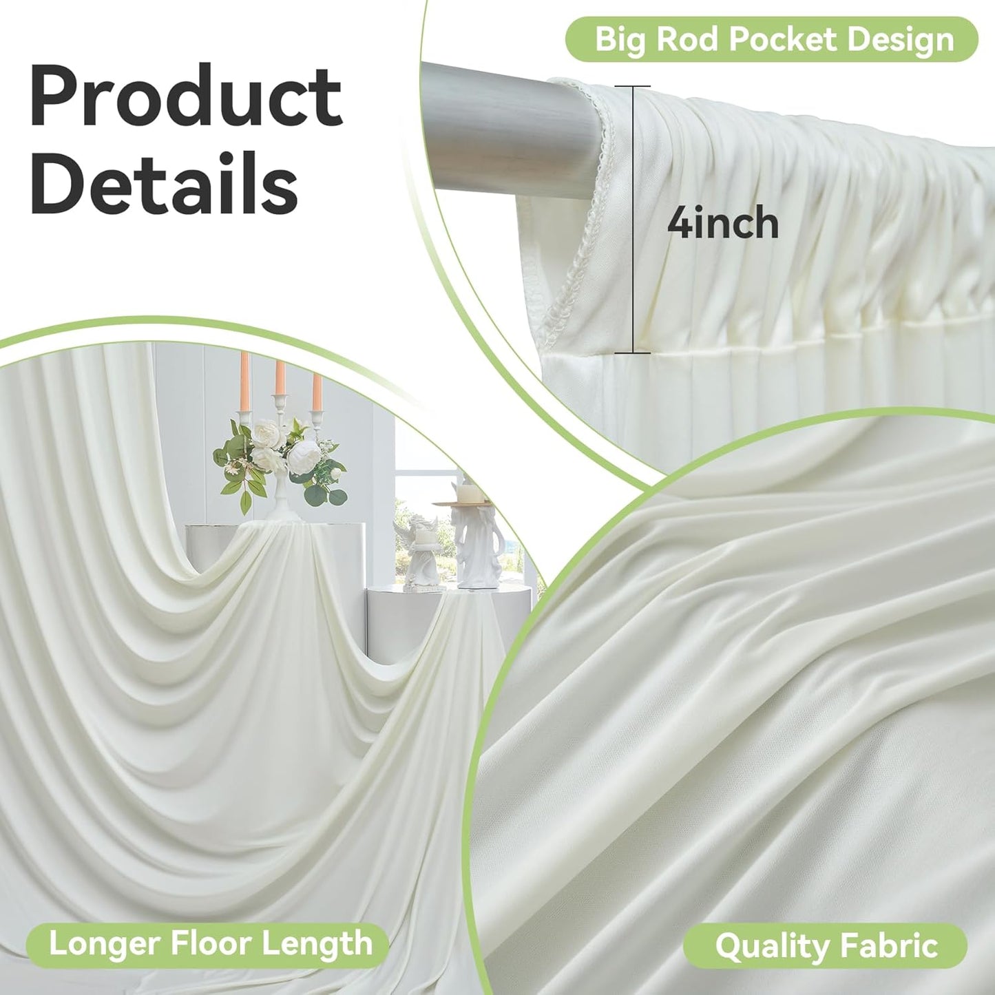 60ftx12ft Wrinkle Free Ivory Backdrop Curtain, 12 Panels 12FT Height Ivory Wedding Backdrop Drapes, Silky Polyester Back Drop Cloth for Birthday Photography Background Party Backdrop Draping