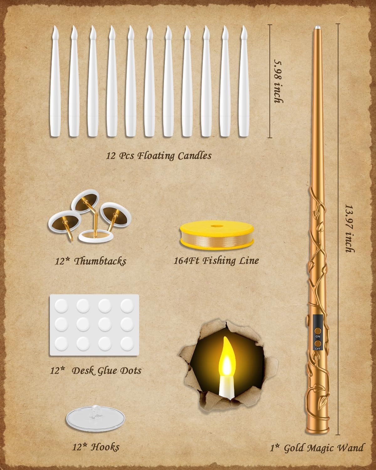 Floating Candles with Wand - 12 Pack Halloween Decorations Magic Flameless Candles Flickering Warm Light LED Hanging Candle Remote, Battery Operated Candles for Christmas Outdoor Indoor Party Decor