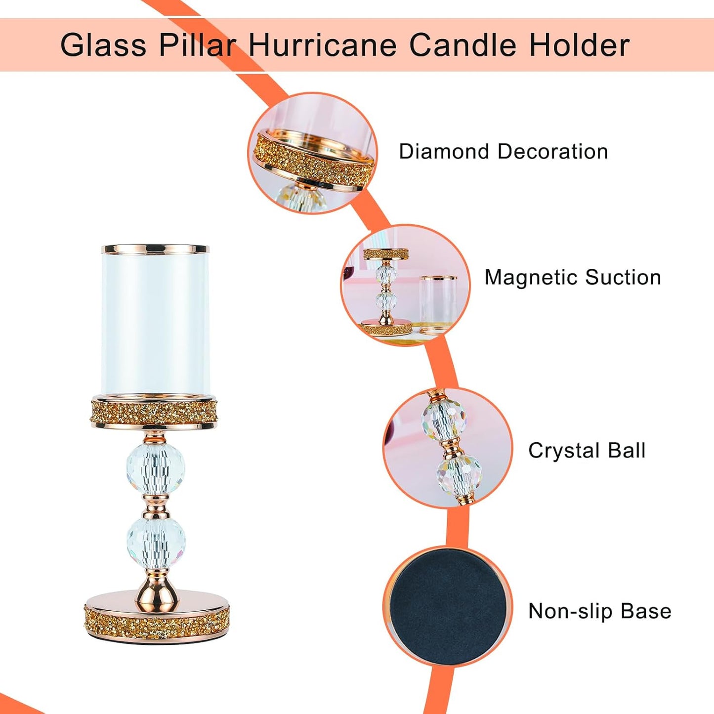 Pillar Candle Holder, 13 Inch Crystal Candlesticks for 3''X5'' Candles, Dining Coffee Table Decor, Wedding, Events, Parties - Glass and Gold Finish