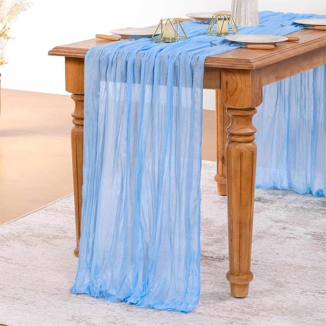 MLMW Light Blue Cheesecloth Table Runner Boho Gauze Rustic Cheese Cloth 160 inch Sheer Baby Blue Coastal Table Runner 13.3ft for Wedding Party Baby Bridal Shower Birthday
