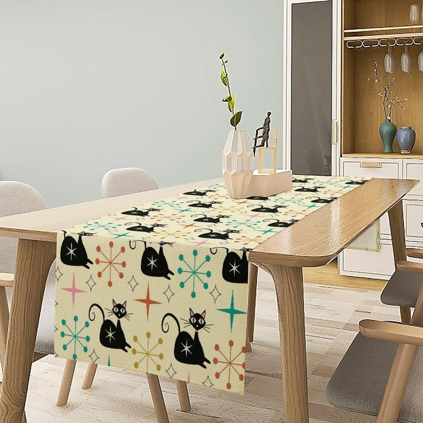 Mid Cat Table Runner, Vintage Black Cat and Atomic Stars 1950s 1960s Abstract Geometric Space Pattern Table Decoration for Home Kitchen Restaurant 13x90 Inches