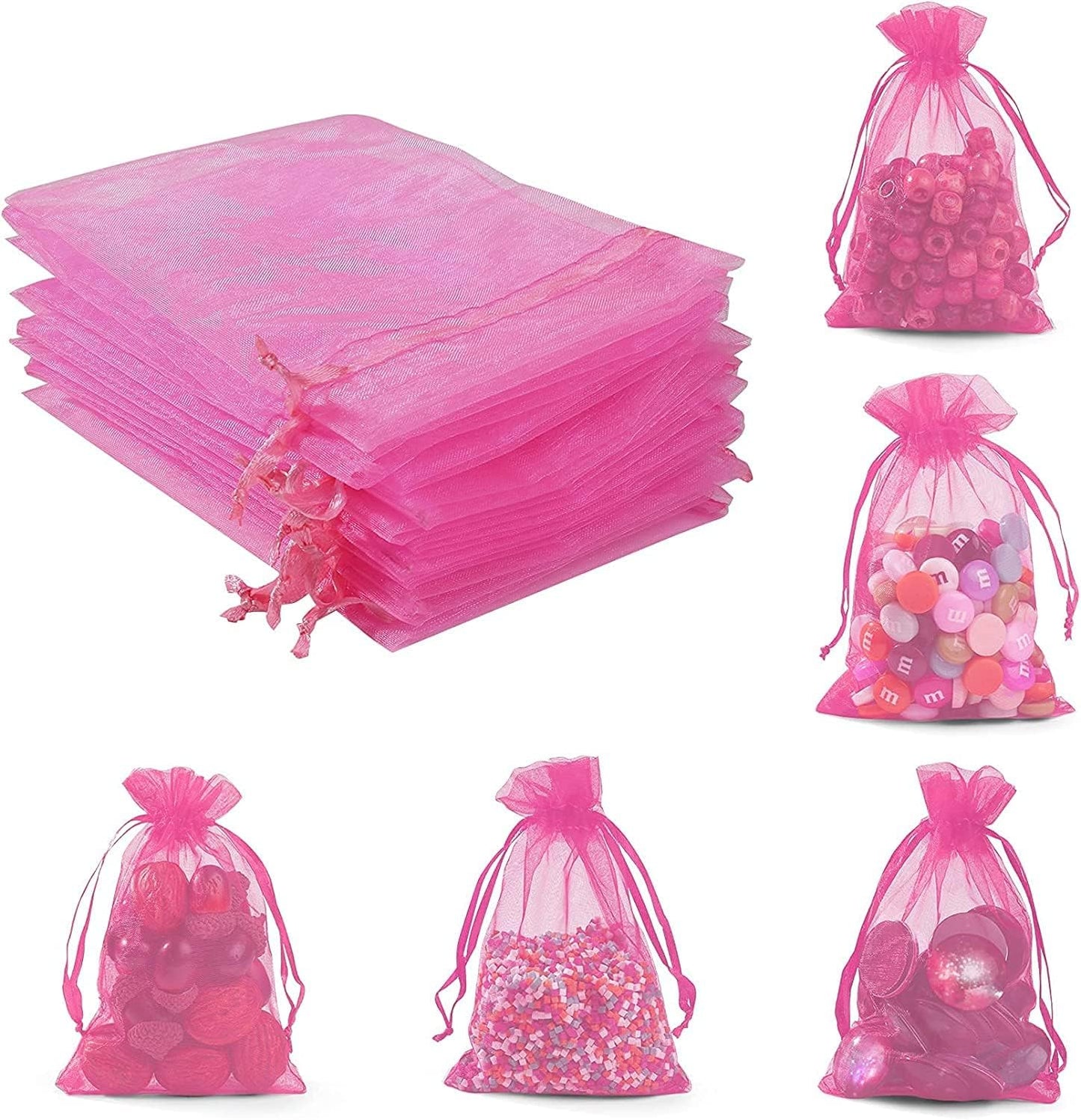ANZNKU 50 Pack Hot Pink Organza Bags 4 x 6 inch Premium Sheer Drawstring Small Mesh Bags for Candy Jewelry Party Wedding Christmas Favor Gift Bags