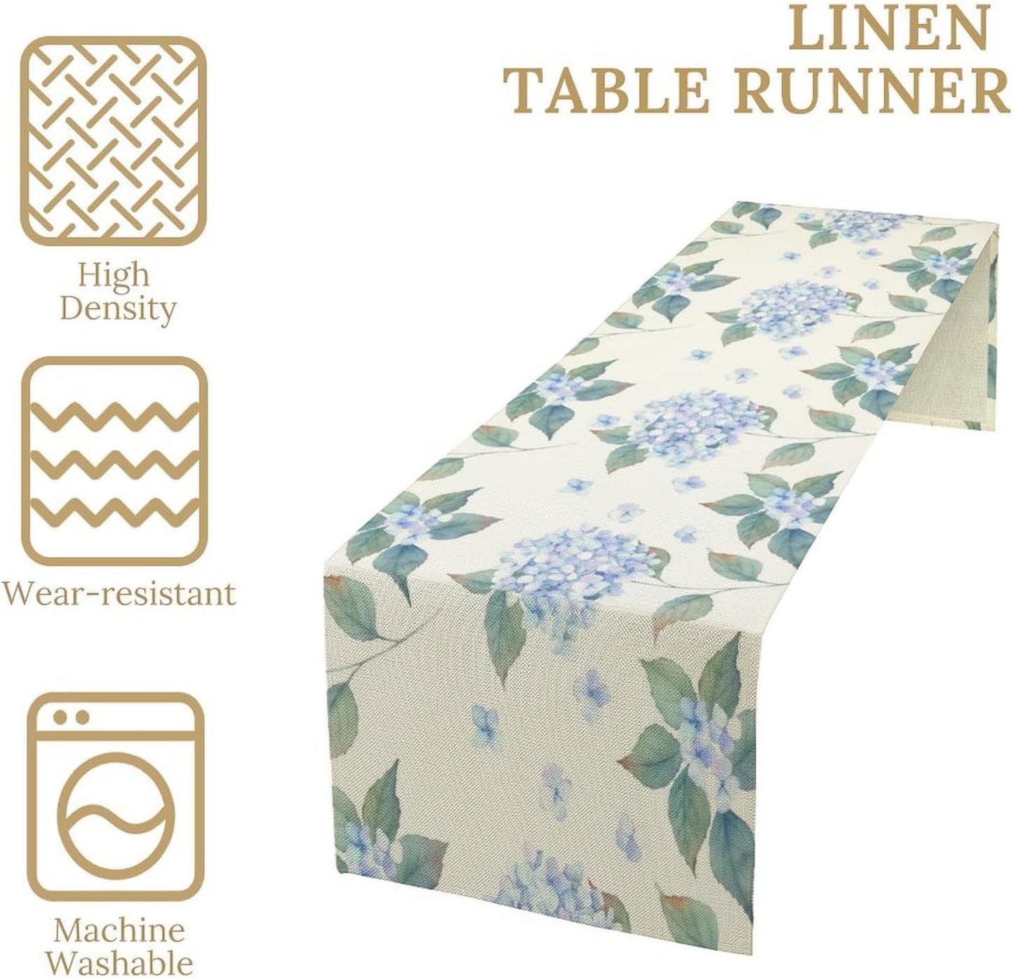 Spring Hydrangea Flower Table Runner, Seasonal Summer Plants Watercolor Blue Florals Dinner Runner for Home Kitchen Dining Table Party Holiday Decoration 13"x70"