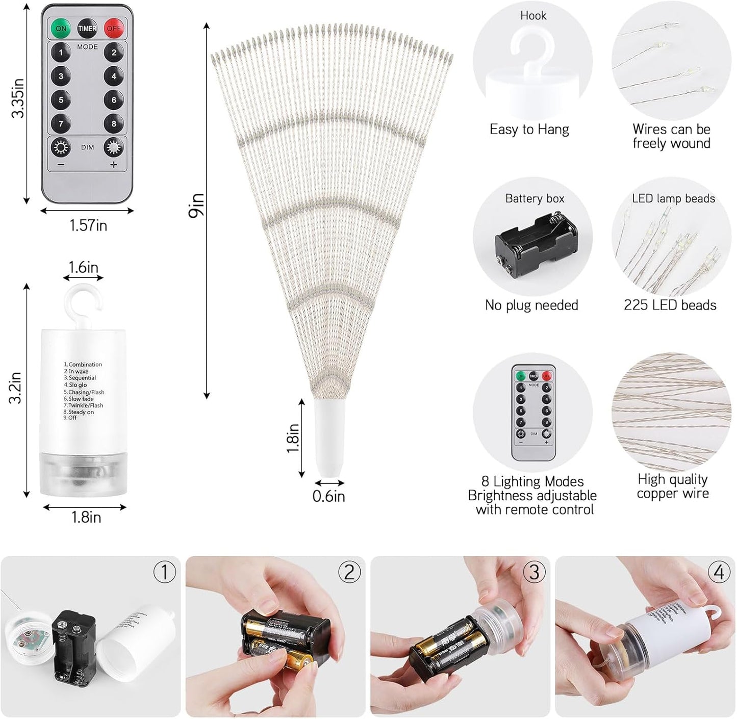 Admitrack Starburst String Lights Christmas Lights, 225 LED 8 Modes Dimmable with Remote Control, Waterproof Copper Wire Decorative Hanging for Party Patio Garden Decoration (White, 4PC)
