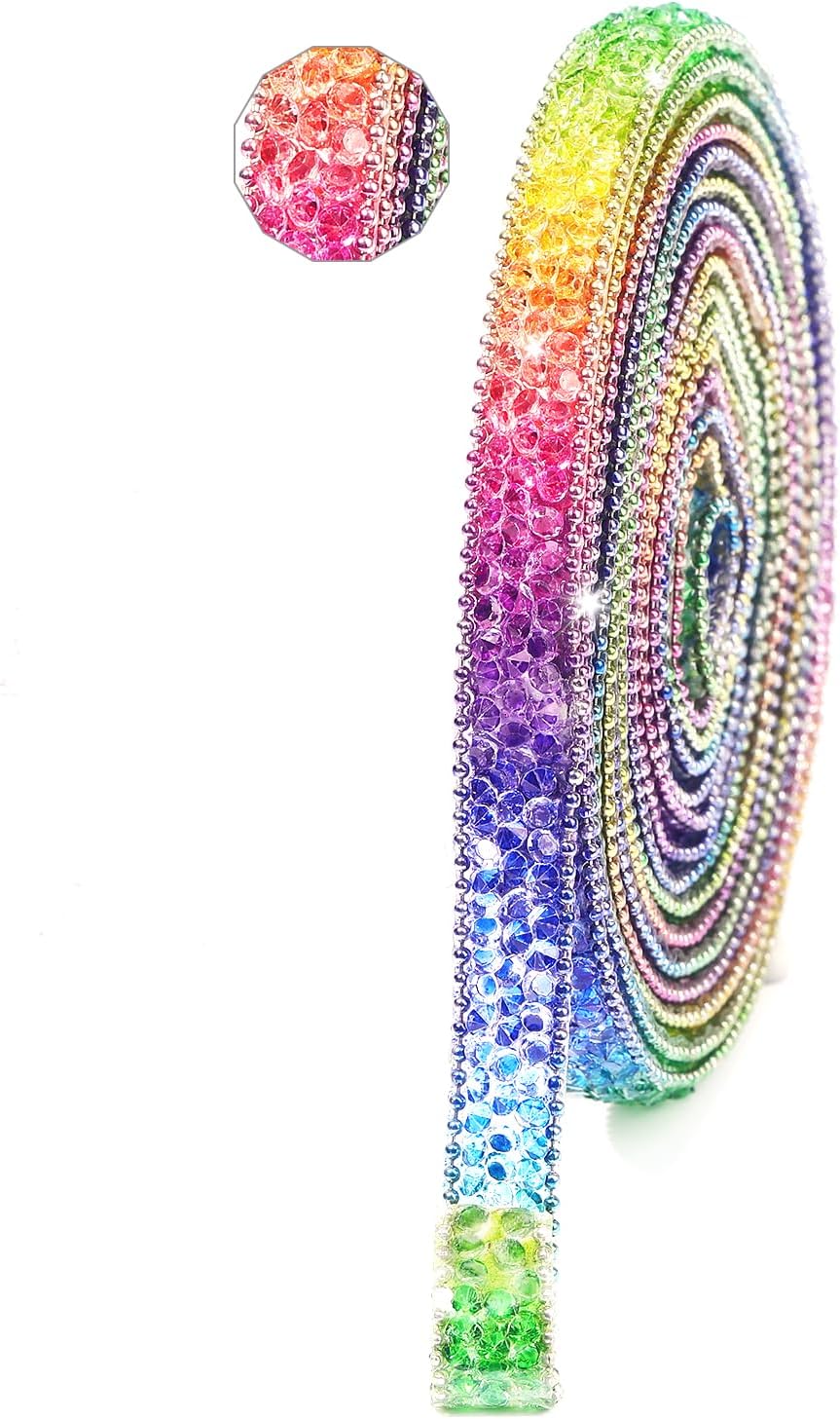 Rhinestone Ribbon 3 Yards Self Adhesive Rhinestone Strips Diamond Ribbon Sticker Crystal Roll Glitter Bling Rhinestones Tape for Crafting DIY Art Decoration (Rainbow,0.4 Inch)
