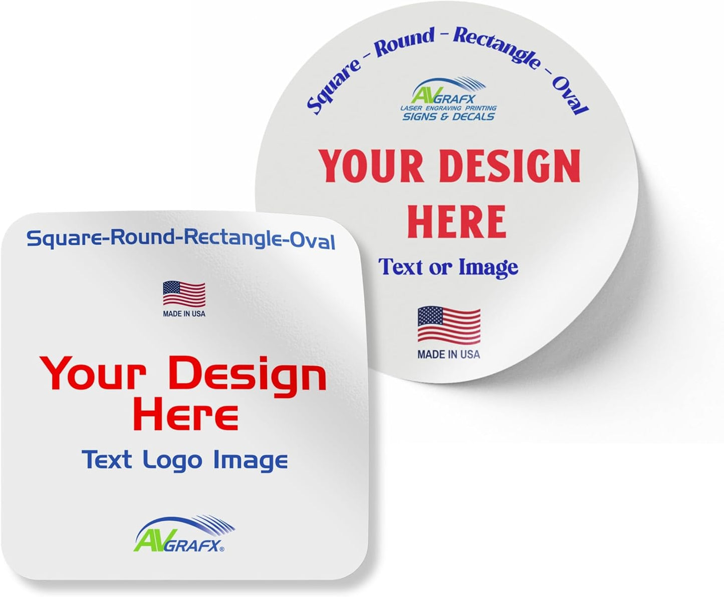 Avgrafx 110 Round or Square Custom Personalized Stickers Labels Vinyl Waterproof Dishwasher Safe, Made USA, Any Text or Image (4x4 Inches)