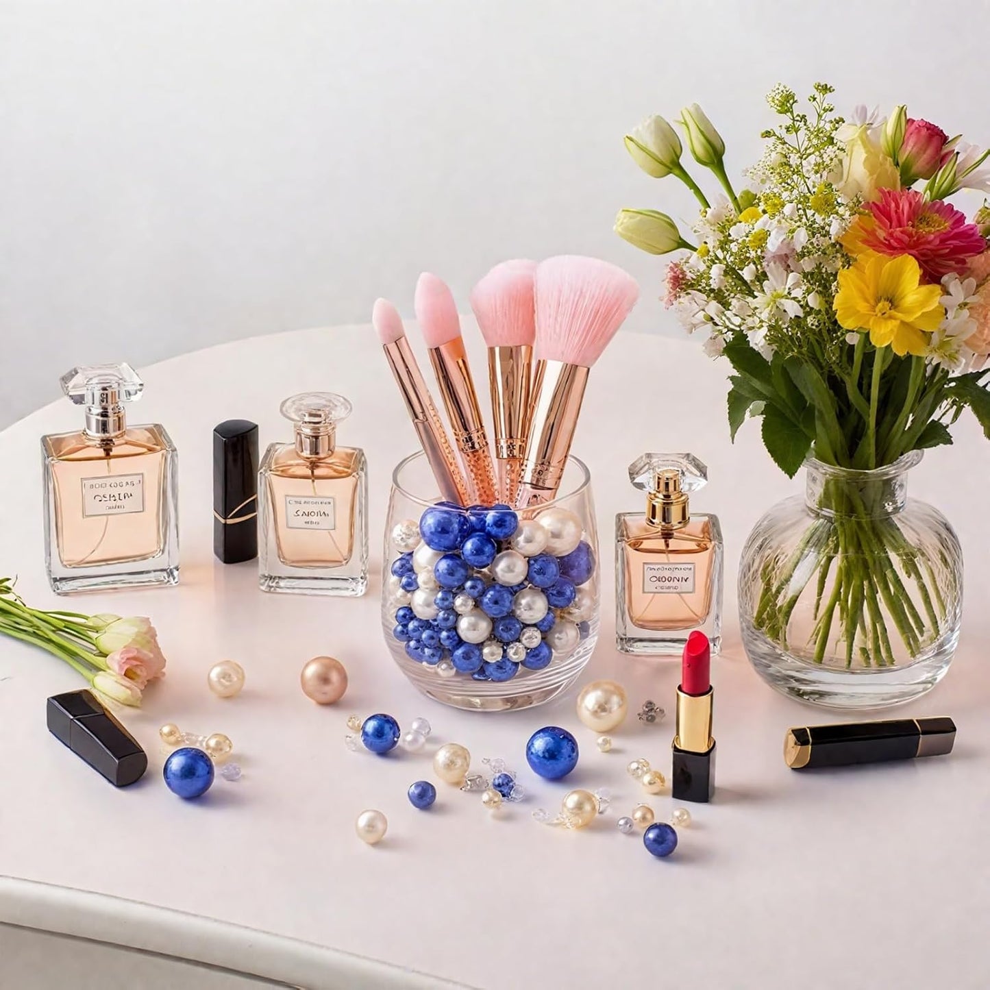 200 Pcs Vase Filler Beads White and Blue Pearl Beads for Vase No Hole Pearls for Centerpieces Vases Home Table Party Decor DIY Wedding 8/14/20mm